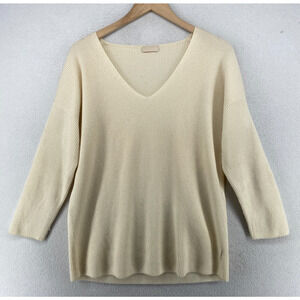 CRUCIANI Sweater Womens 44 M Cashmere Ribbed Tunic V-Neck Pullover Off White
